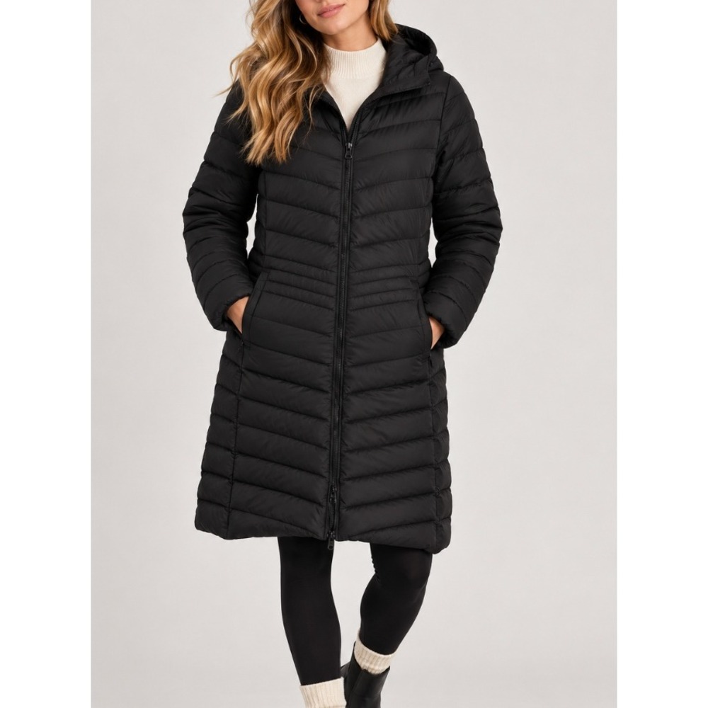 Lands End 2X Black Packable Wanderweight Down Hooded Long Puffer Coat Parka